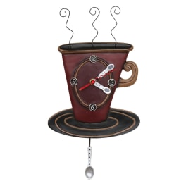 Decorative wall clock shaped like a coffee cup and saucer with a hanging spoon