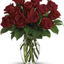 Dozen deep red roses arranged in a clear glass vase