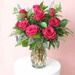 One Dozen Premium Hot Pink Roses With Lush Greenery