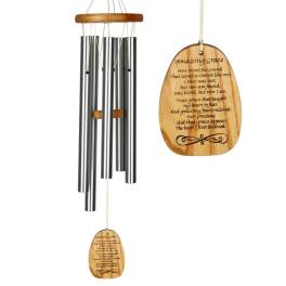 Metal wind chime with wooden accents and engraved plaque