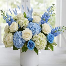 Round arrangement of white and blue roses with blue and ivory hydrangeas in a white cylinder vase