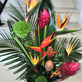 Tall tropical arrangement with orange blooms and pink gingers among large palm foliage in a black container