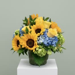 Sunflowers, yellow roses, and blue hydrangeas in a glass vase
