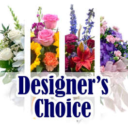 Designer’s Choice text over four colorful floral arrangements