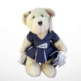 Plush teddy bear in a navy cheerleader outfit