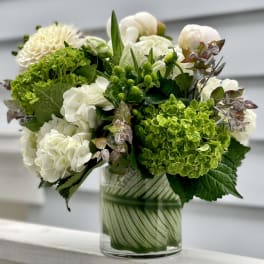 Compact arrangement of white and green blooms in a clear glass cylinder vase