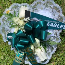 White rose bouquet with teal ribbon and lace trim