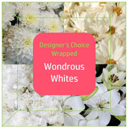White flower bouquet collage with a pink label reading Wondrous Whites