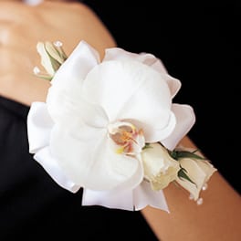 White orchid wrist corsage with ribbon on a person's wrist
