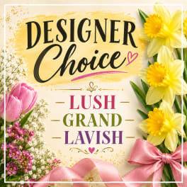 Designer Choice floral graphic with pink and yellow flowers and a pink ribbon