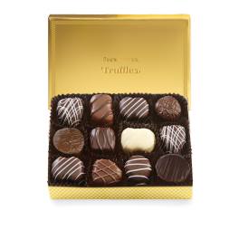 Box of assorted chocolate truffles in a gold gift box