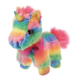 Rainbow plush unicorn with a pink bow on a white background