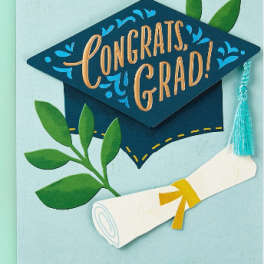 Graduation card with a diploma and cap reading "Congrats, Grad!"