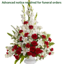 Tall red and white floral arrangement in a white urn