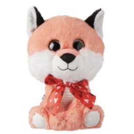 Plush fox toy with a red heart-patterned bow