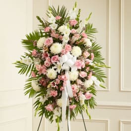 Deepest Sympathies Standing Spray-Pink & White (Deluxe Shown)