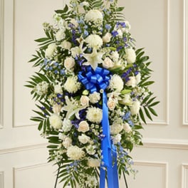 Deepest Sympathies Blue & White Standing Spray (Premium Shown)
