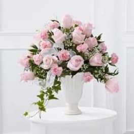 Pink roses arranged in a white vase with trailing greenery