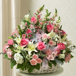 Pink and White Sympathy Arrangement in Basket