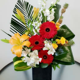 Tropical bouquet with red gerbera daisies, yellow lilies, and white flowers in a black vase