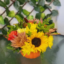 Mixed bouquet in an orange pumpkin container with sunflowers and roses