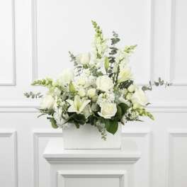 White floral arrangement in a white rectangular container
