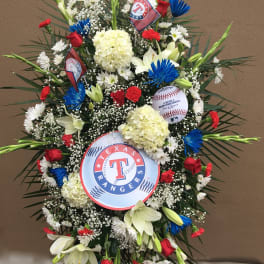 Large standing floral spray with Texas Rangers logos and baseball accents