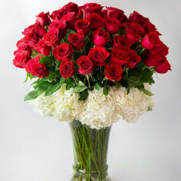 Red roses and white hydrangeas arranged in a clear glass vase