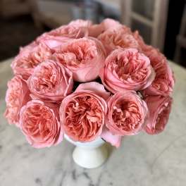 Bouquet of pink roses in a white vase