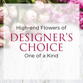 Pink flowers around text reading "Designer's Choice" on a white background