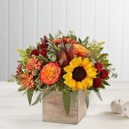 Autumn floral arrangement with sunflowers, roses, and mums in a wooden box