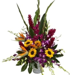 Tall tropical bouquet with sunflowers, purple orchids, and bird of paradise in a vase