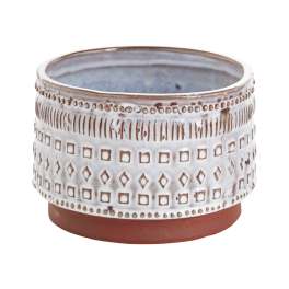 Decorative ceramic planter with a white patterned glaze and brown base