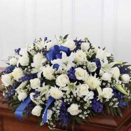 White with Blue Casket Spray