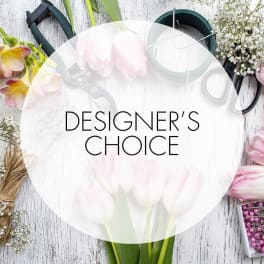 Designer’s choice floral arrangement graphic with pastel tulips and tools