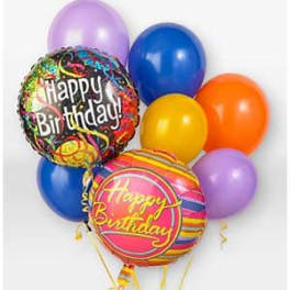 Birthday balloons in purple, blue, yellow, orange, and pink
