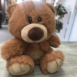 Brown plush teddy bear sitting on a tabletop