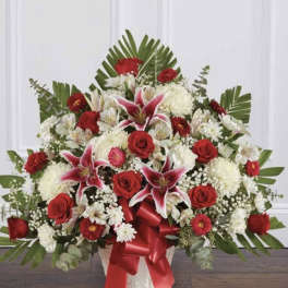 Red & White with Stargazer Lilies Pedestal Arrangement