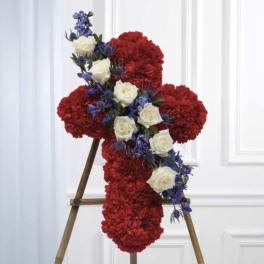 Red Cross with a White and Blue Cluster