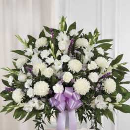 Large White with Lavender Pedestal Arrangement $325