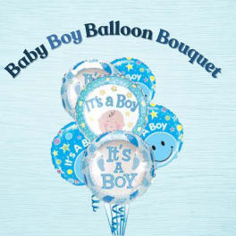 Cluster of blue baby boy balloons with "It's a Boy" text