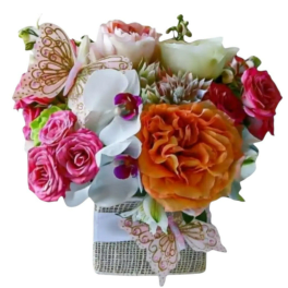 Colorful bouquet of roses and orchids in a wrapped container