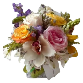 Mixed bouquet with pink, yellow, white, and purple flowers in a small container