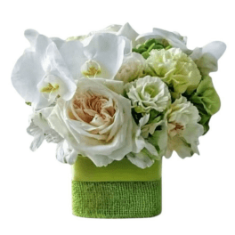 White and pale green floral arrangement in a green wrapped container