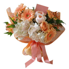 Peach and white bouquet with gerbera daisies and roses, tied with pink ribbon