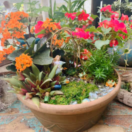 Succulent planter with orange and pink flowers in a shallow bowl