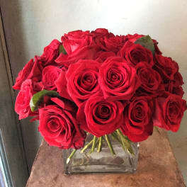 Bouquet of red roses in a clear square glass vase