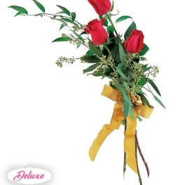 Three red roses with greenery and a yellow ribbon