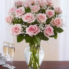 Pink roses arranged in a clear glass vase with baby's breath