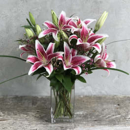 Pink stargazer lilies arranged in a clear glass vase